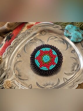 NATIVE AMERICAN Handmade Southwestern Style Beaded Medallion Brooch Pin